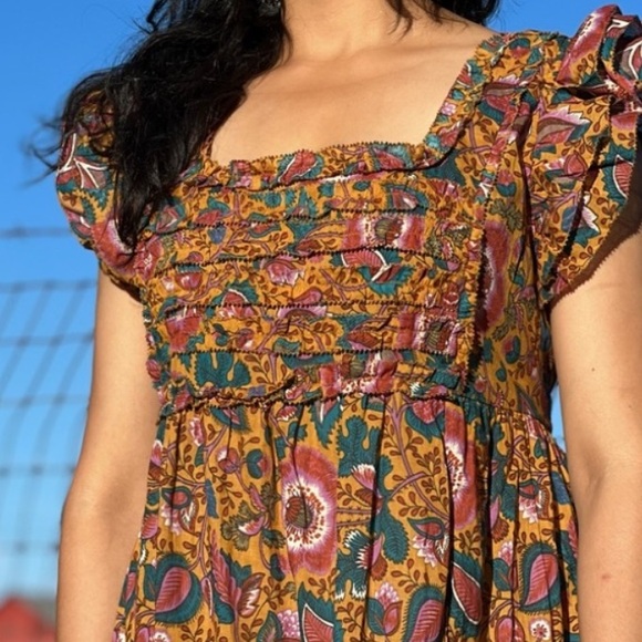 House of Harlow 1960 Jackie Mustard Floral Print Smocked Maxi Dress - Picture 4 of 13